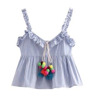 NWT Zara TRF Stripe Top Pom Poms Sz S